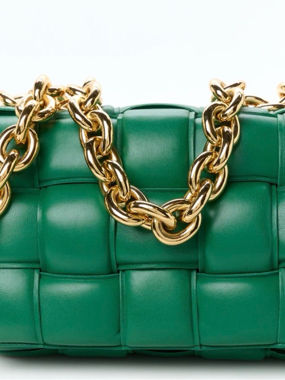 Green Woven Leather Shoulder Bag with Gold Chain